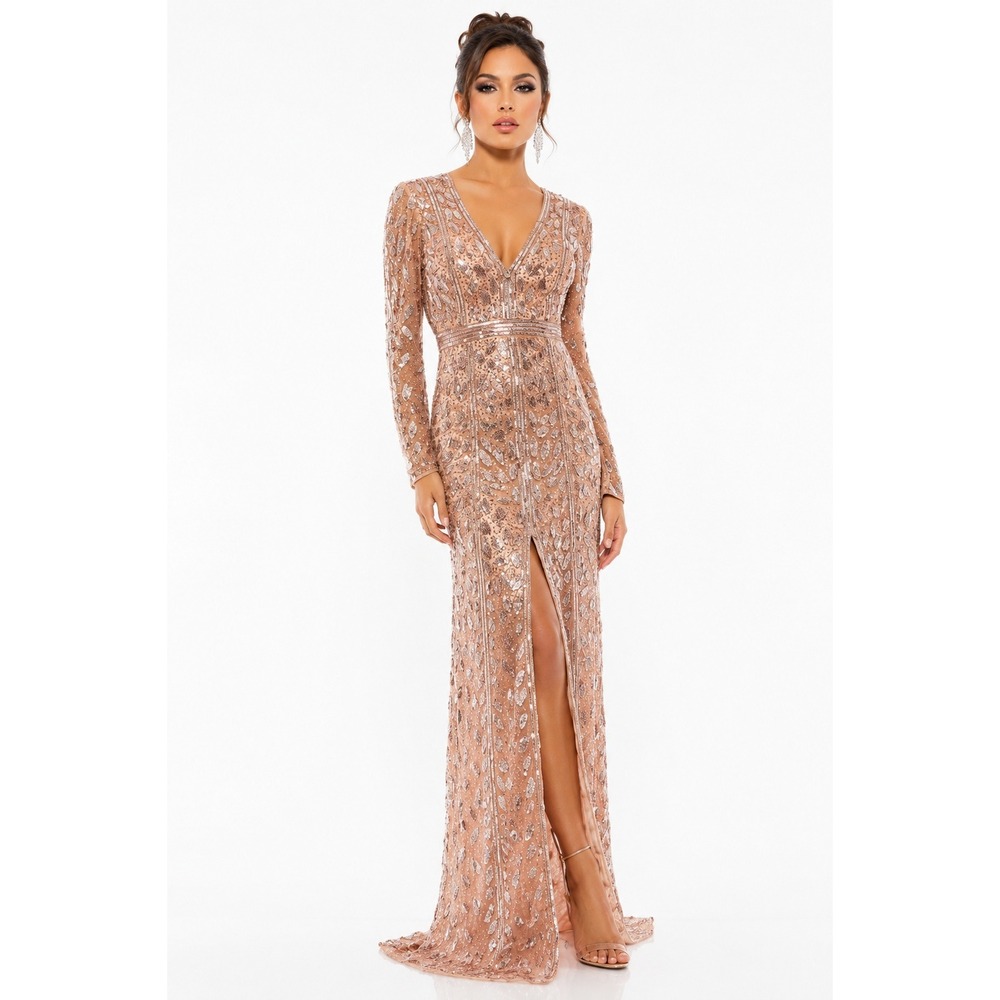 Mac Duggal Rose Gold Sequined Long Sleeve V-Neck Prom Gown